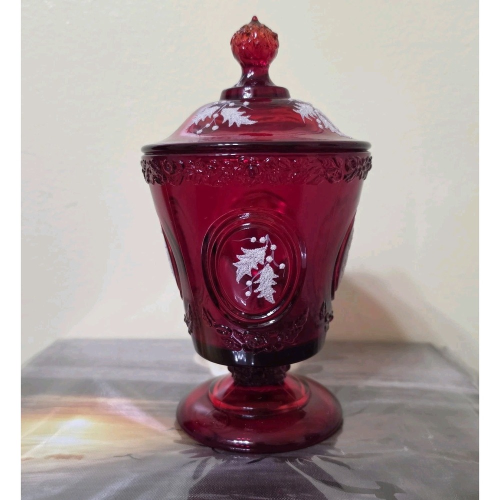 Fenton Christmas Holly Ruby Red Candy Box Dish 8288RH With Lid Signed 8"